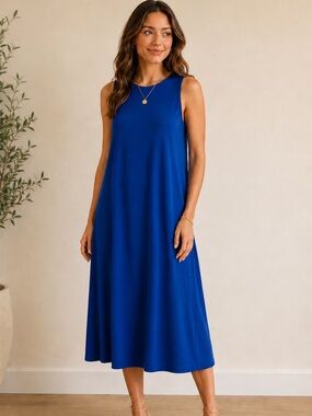 Susan Graver Every Day Liquid Knit Sleeveless Cobalt Blue A-Line Midi Dress.